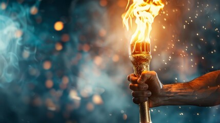 Solemn athlete carries the Olympic torch, embodiment of victory and unity, a symbol of triumph - obrazy, fototapety, plakaty