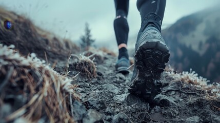 Trail running shoes gripping the earth, dynamic close-up as runner navigates through field, essence of freedom - obrazy, fototapety, plakaty