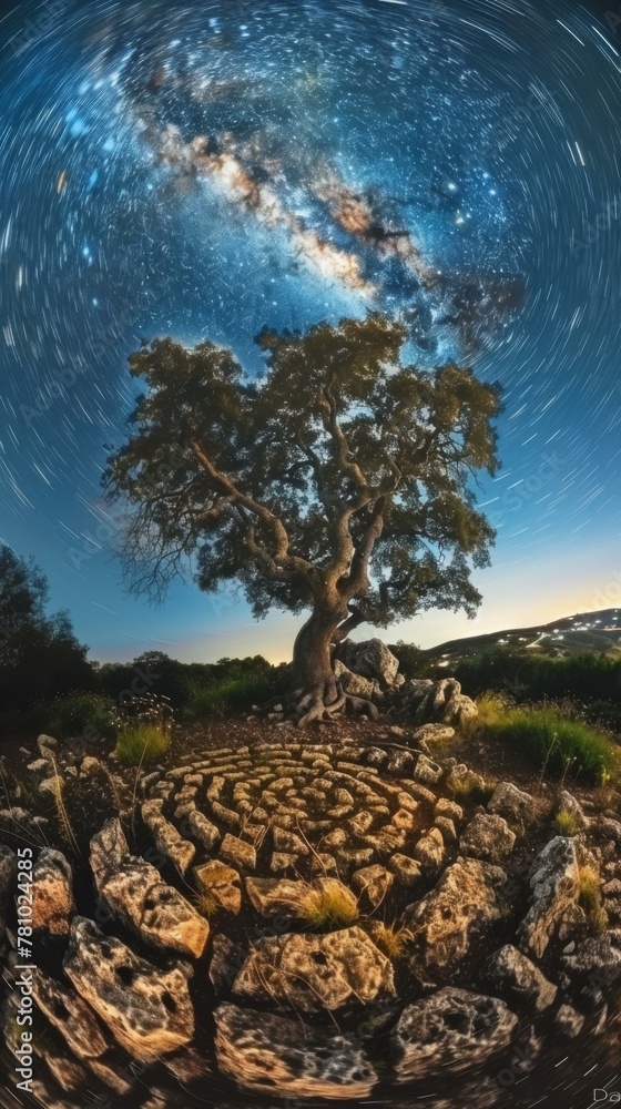 Poster a tree is surrounded by rocks and a starry sky. generative ai.