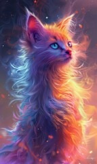 A painting of a cat with colorful hair and blue eyes.