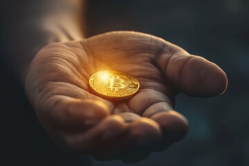 Cryptocurrency golden bitcoin coin in man hand. Cryptocurrencies. Business.Electronic virtual money