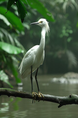 Naklejka premium Elegant Egret Standing on a Branch Over Water