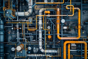 A large industrial building with pipes and valves all over the place. Generative AI.