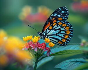 A butterfly sitting on a flower with green leaves and yellow flowers. Generative AI.