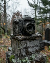 A stone monument to a DSLR camera in the cemetery. Generative AI.