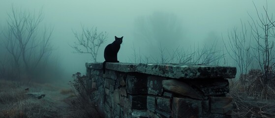 A black cat sitting on a stone wall in the fog.