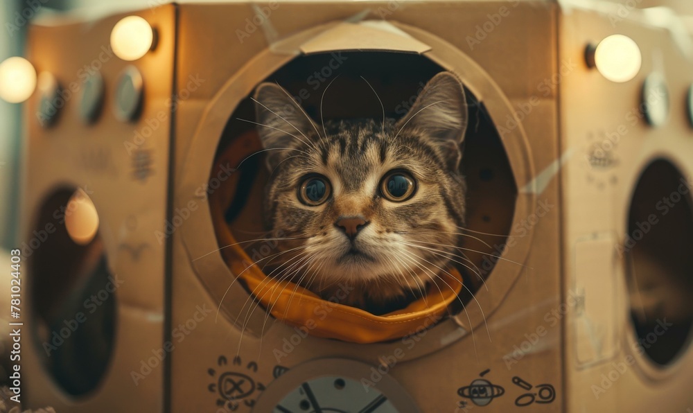 Poster a cat inside a cardboard box with lights on it. generative ai.