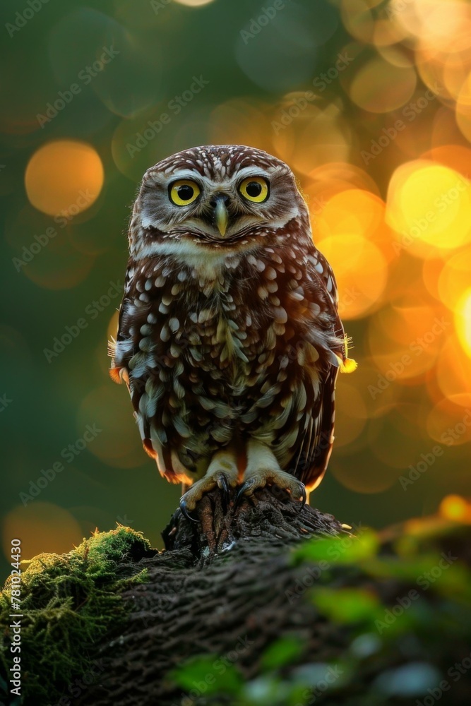 Poster a small owl sitting on a tree branch with blurred background. generative ai.
