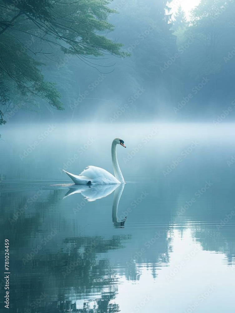 Poster a swan swimming in a lake surrounded by trees and fog. generative ai.