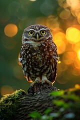 A small owl sitting on a tree branch with blurred background. Generative AI.