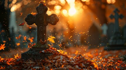 A cemetery with a cross in the middle surrounded by leaves. Generative AI.