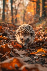 A hedgehog is walking through a forest of leaves. Generative AI.
