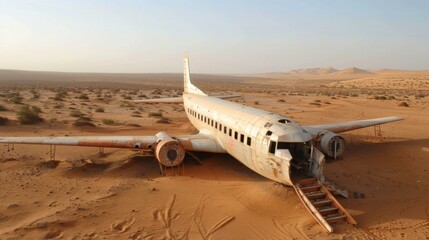 An old airplane sitting in the desert with a ladder leading up to it. Generative AI.