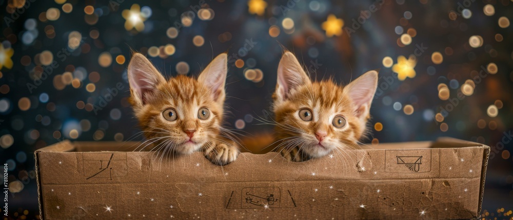 Poster two kittens peeking out of a cardboard box with stars in the background. generative ai.