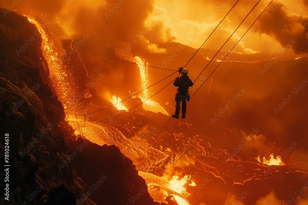 Poster a man is standing on a rope in front of the lava. generative ai.
