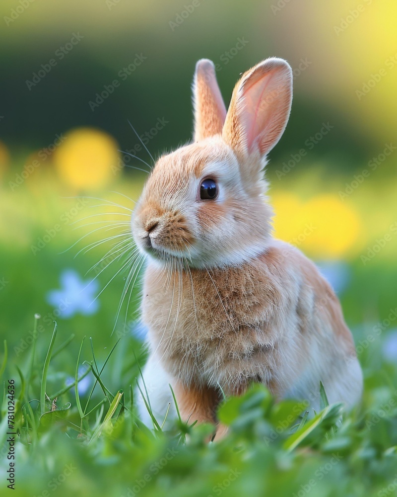 Aufkleber a small rabbit sitting in the grass with flowers and trees behind it. generative ai.