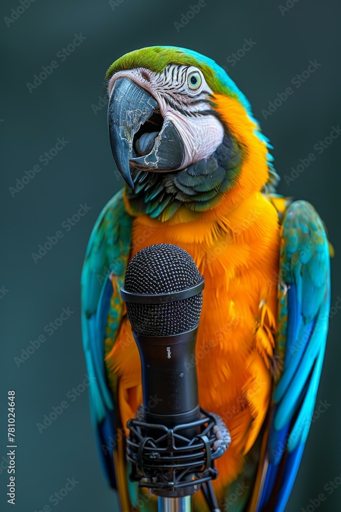 Poster a colorful parrot sitting on a microphone with its mouth open. generative ai.