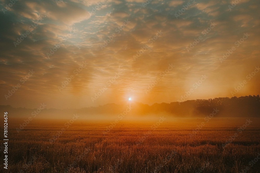 Poster sunrise over a field with fog in the background. generative ai.