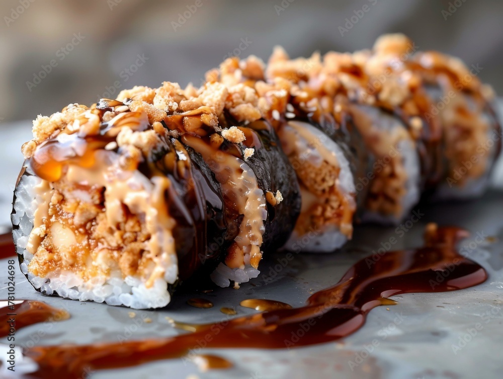 Poster a close up of a roll with sauce and nuts on it. generative ai.