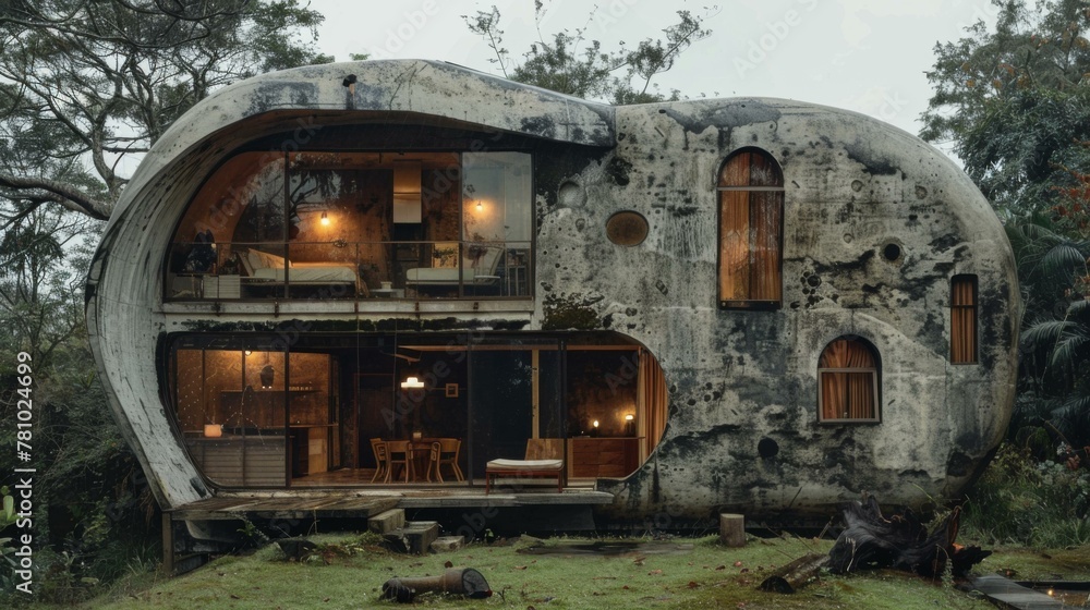 Aufkleber a house made out of rocks and trees in the middle of a forest. generative ai.