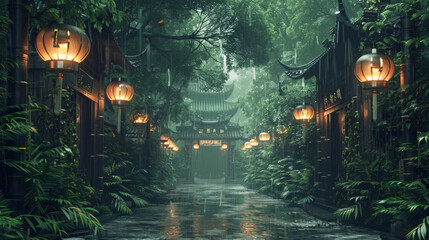 3D rendering of an ancient Chinese street with bamboo trees and lanterns