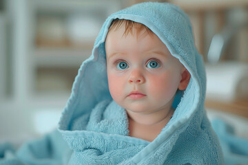 cute baby in a blue bath towel