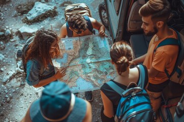 A group of people looking at a map in the back seat. Generative AI.