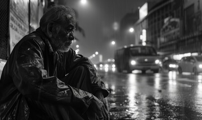 A man sitting on a bench in the rain at night. Generative AI. - obrazy, fototapety, plakaty