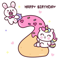 number two birthday with unicorn and bunny cartoon