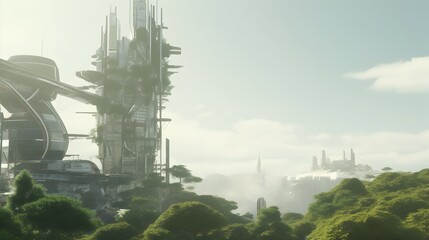 Innovative Futuristic City with Verdant Architecture and Soaring Structures in Radiant Sunlight