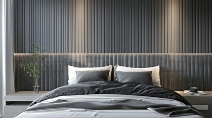A bedroom with clean lines and a muted color scheme is brought to life with the addition of acoustic panels made from sustainably sourced materials. These panels not only provide sound . - obrazy, fototapety, plakaty