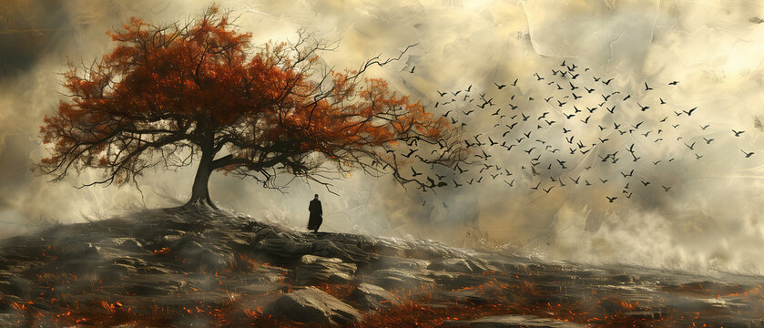 A lone person stands beneath a sprawling tree with fiery leaves, watching a flock of birds take to the gloaming sky
