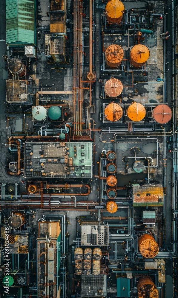 Poster an overhead view of a factory with pipes and tanks. generative ai.