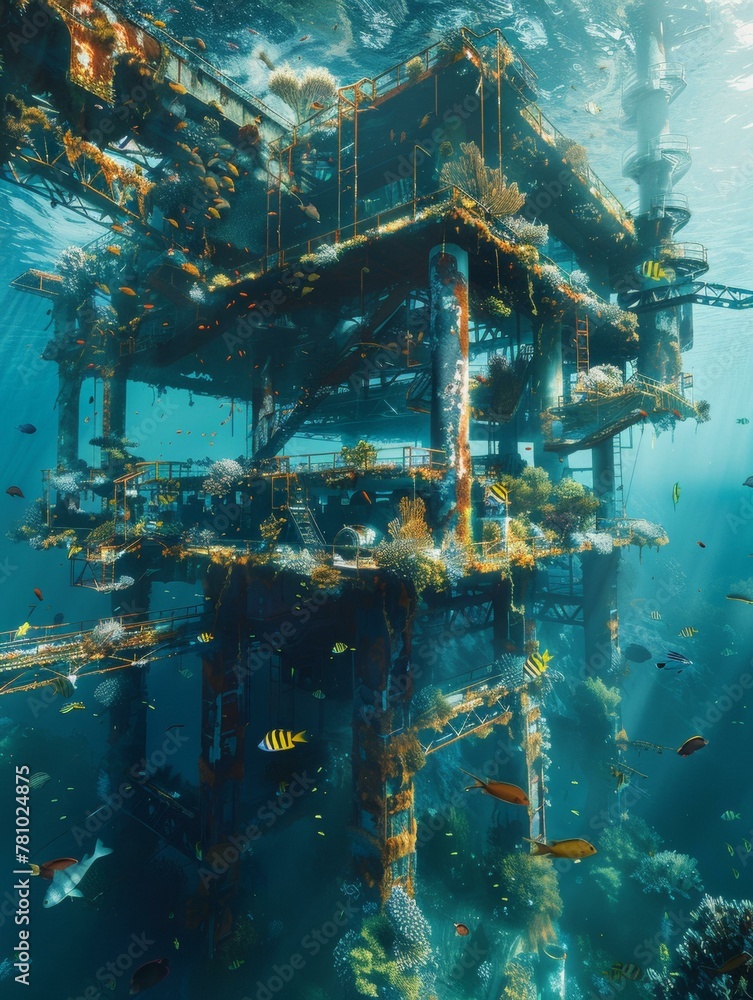 Aufkleber a large structure underwater with many fish swimming around it. generative ai.