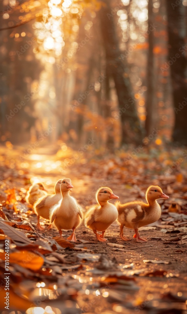 Poster a group of ducks walking down a path in the woods. generative ai.