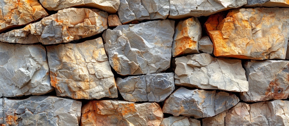 Poster detailed view of a solid stone wall filled with multiple rocks and pebbles in varying sizes