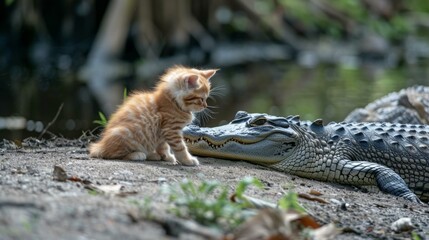 Obraz premium A kitten sitting next to an alligator on the ground. Generative AI.