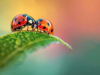 A closeup photo of two ladybugs on the edge of an eggplant leaf, their bodies orange with black dots, in love and kissing each other