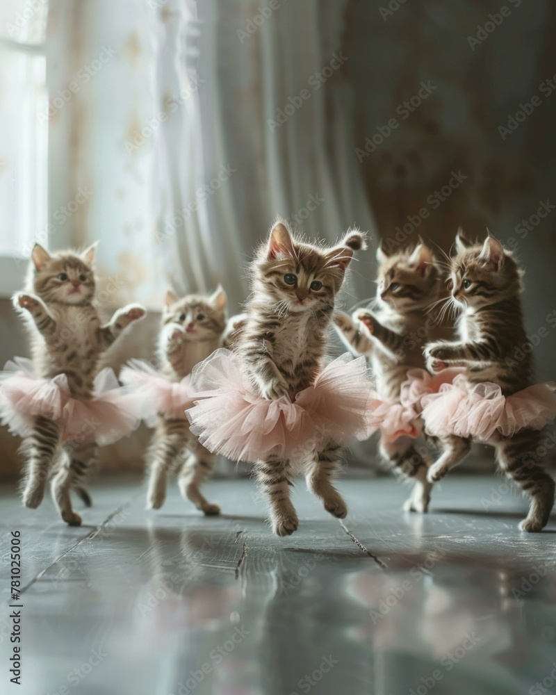 Poster a group of kittens in tutus dancing around a room. generative ai.