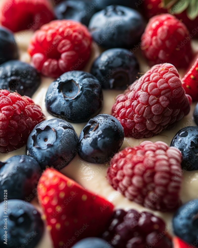 Poster a close up of a plate with berries and cream on it. generative ai.