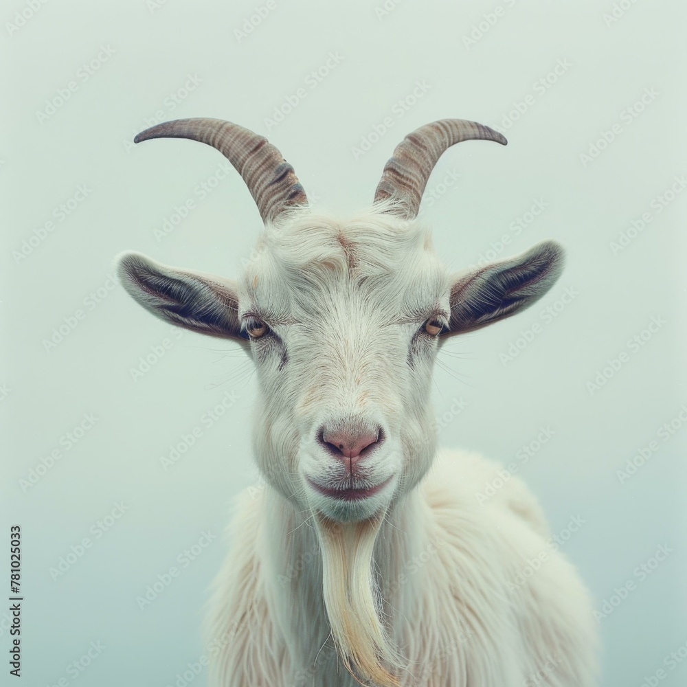 Poster a goat with long horns standing in front of a foggy background. generative ai.