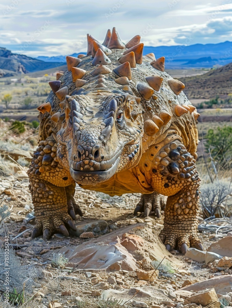Poster a large lizard with spikes on its back standing in the desert. generative ai.