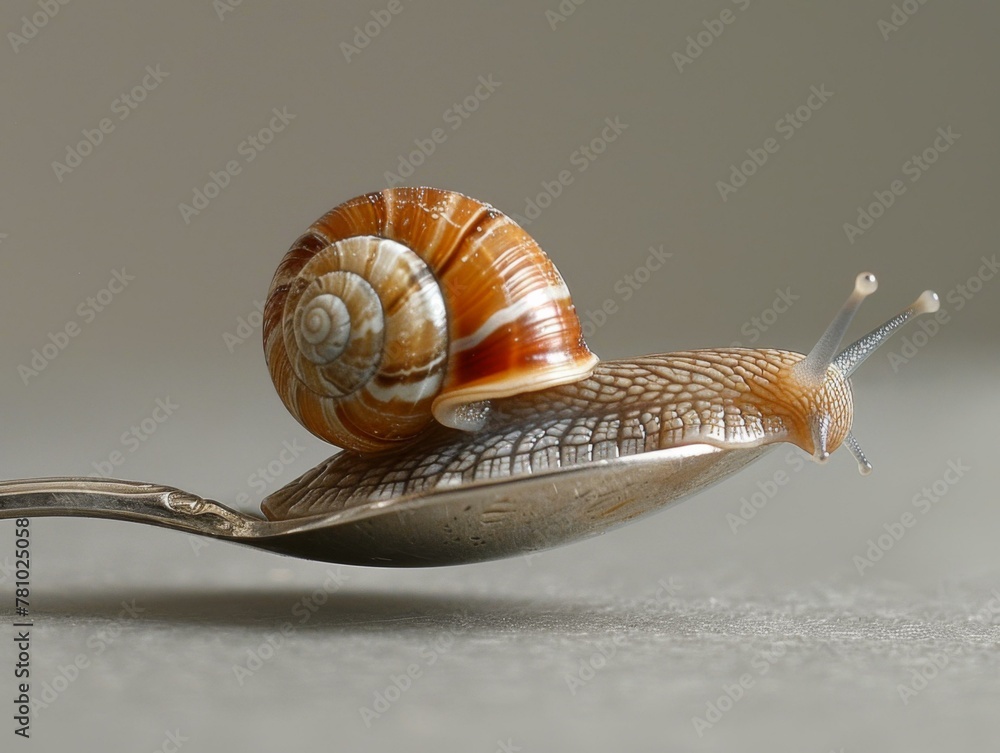 Poster a snail is sitting on a spoon with its shell open.