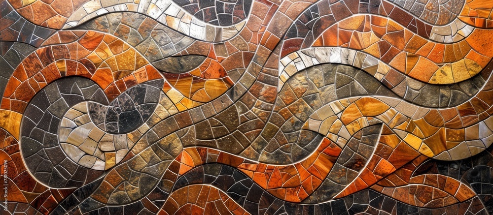 Poster a serpent slithers on a vibrant mosaic tile wall, blending into the intricate patterns and textures 