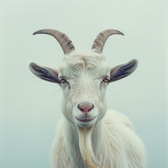 A goat with long horns standing in front of a foggy background. Generative AI.