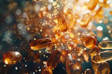 Vitamin C capsules floating in a glittery liquid. It symbolizes its potential and effectiveness in promoting immunity. - obrazy, fototapety, plakaty