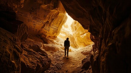 An adventurer stands on a narrow path leading into the depths of a mysterious cave back facing the camera. In the distance ancient . . - obrazy, fototapety, plakaty