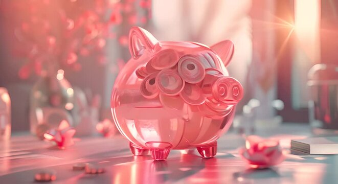 Elegant, 3D glass piggy bank filled with euros, illustrate style, with a pastel blur background