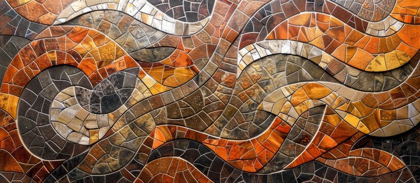 A serpent slithers on a vibrant mosaic tile wall, blending into the intricate patterns and textures of the surface