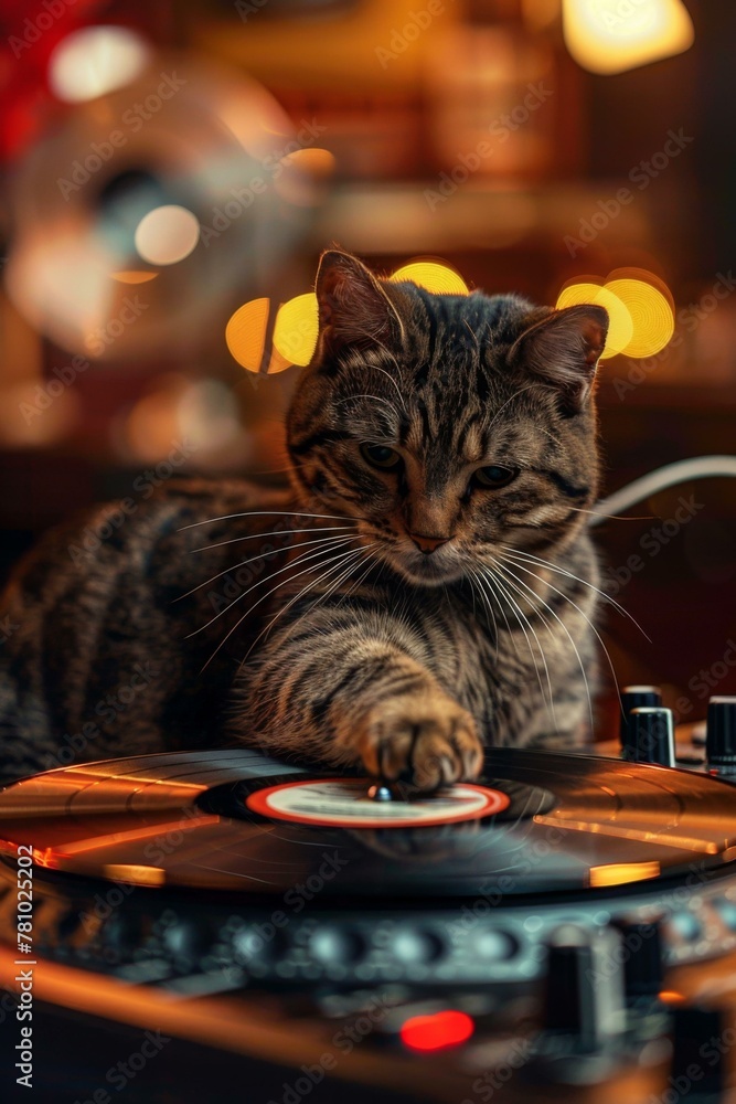 Poster a cat sitting on top of a turntable with its paw touching the record. generative ai.